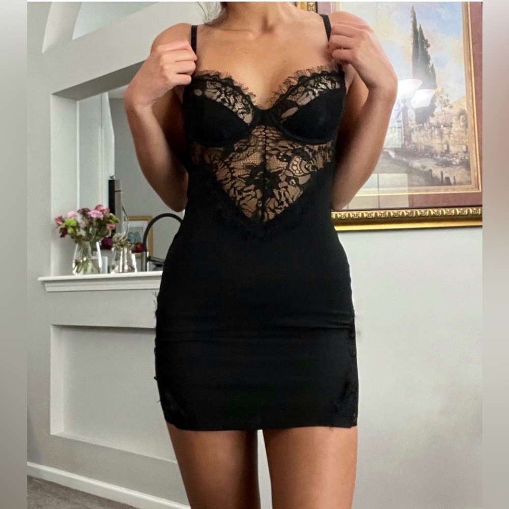 Tic Toc Elegant Black Lace Slip Sexy Bodycon Strappy Mini Dress Marked Small